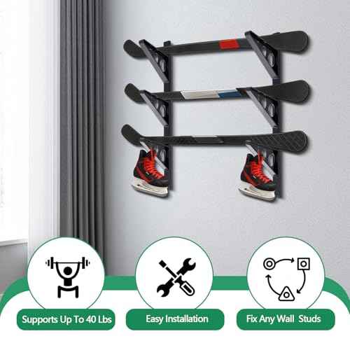 Ski Wall Rack Horizontal Ski Rack Wall Mount Hockey Stick Storage, Garage Storage for Sports Equipment, Skates, Lacrosse Sticks, 3 Tiers