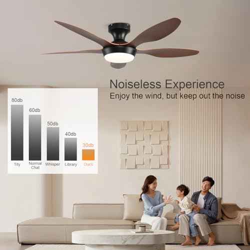 Ceiling Fans with Lights, 46 Inch Low Profile Ceiling Fan with Light and Remote Control, Flush Mount 6 Speeds Reversible Ceiling Fan, Dimmable Noiseless Ceiling Fans for Bedroom, Brown
