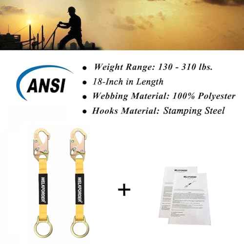 [2-PACK] 18-Inch D-Ring Extender Fall Protection with Snap Hook Connector and "O" Ring ANSI Compliant