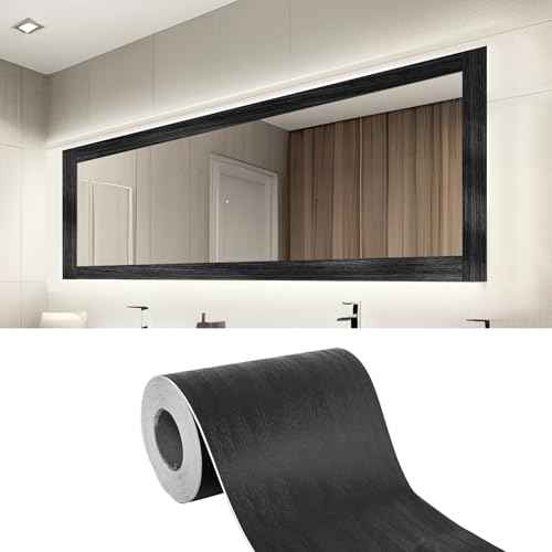 LONGKING 32ft x 4.2in Black Mirror Tape Border, Peel and Stick Mirror Border for Bathroom, Waterproof PVC Wallpaper, 393x4.2 in