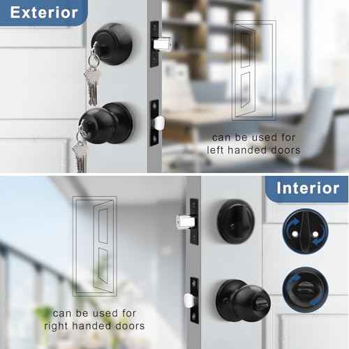 Knobonly Keyed Alike Exterior Door Knob, Round Outdoor Lock with One Sided Deadbolt, Stainless Steel, Matte Black Door Knobs, Black Door Handle Sets, 4 Pack