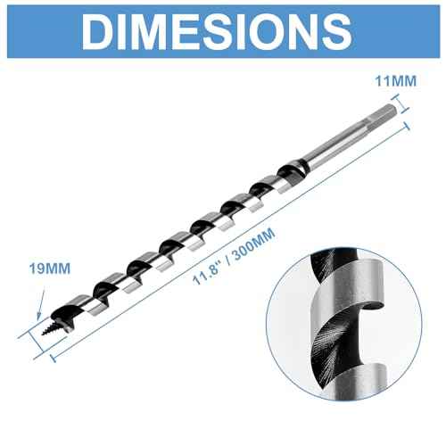 Ship Auger Drill Bit 19 x 300mm (Approximate 3/4 x 12 Inch), Wood Auger Bit with 11mm Hex Shank