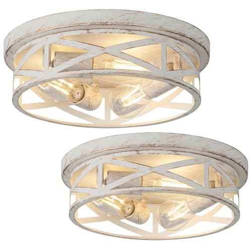 2 Pack Close to Ceiling Light Fixtures, 3-Lights Cage Flush Mount Ceiling Light, 13 Inch White and Gold Semi Flush Mount Ceiling Light for House Bedroom Laundry Hallway Kitchen