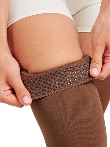 MGANG 15-20 mmHg Compression Stockings for Women & Men, Thigh High Medical Footless Graduated Compression Sleeves with Silicone Dot Band, for Varicose Veins, Edema, Travel, Flight, Pregnant, Brown S