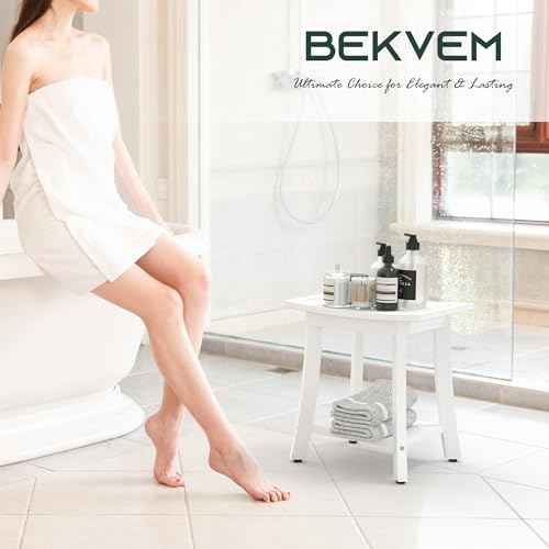 HIPS Shower Benches for Inside Shower, Waterproof Shower Stool with Storage Shelf & Adjustable Feet, SPA Bathroom Seat Chair for Shaving Legs, Indoor or Outdoor Use, White