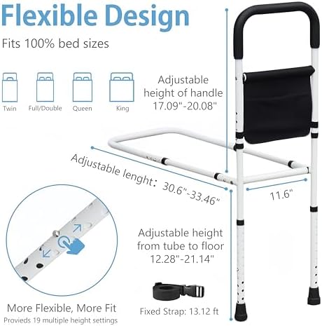 Bed Rails for Elderly Adults Safety, Adjustable Bed Assist Rails for Seniors, Bedrails with Support Legs and Storage Pocket, Bed Railing Cane Fit Single, Double King,Queen,Full, Twin Beds