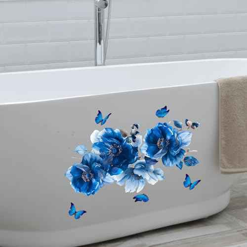 Blue Flower Wall Decals Peel and Stick Peony Floral Wall Sticker Decor Removable Peonies Bouquet Wall Murals with Butterflies for Girls Bedroom Living Room Bathroom Hallway Door Office Kids Nursery