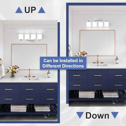 Bathroom Lighting Fixtures Over Mirror, Anti-Rust Vanity Light Fixture for Bathroom, Modern 4-Light Wall Sconce Light for Living Room, E26 Base, Milky White Glass Shades, Bulbs Not Included