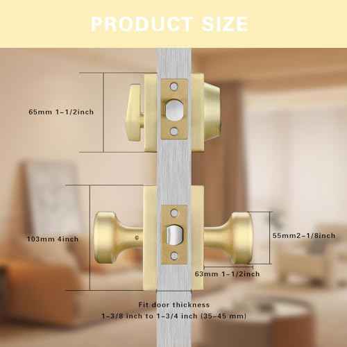 Gold Door Knobs Interior with Lock, Satin Brass Exterior Door Lock Set with Deadbolt