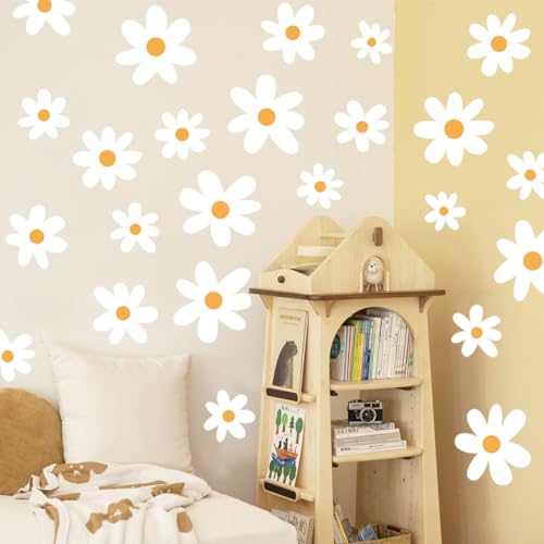 Runtoo White Daisy Boho Flower Wall Decals - Kids Nursery Floral Wall Art Stickers for Girls Bedroom & Living Room