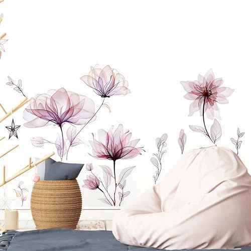 Ink Style Light Pink Flowers Wall Stickers, sacinora Lotus Peony DIY Floral Art Wall Decals Removable Vinyl Peel and Stick for Living Room Bedroom Nursery Toddler Room Decorations