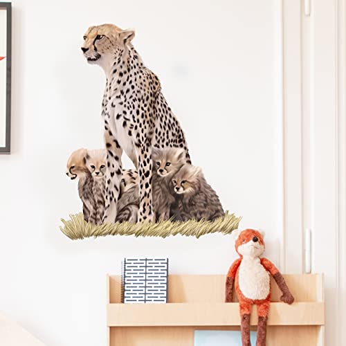 Wild Cheetah and Its Cubs Wall Decal Nursery Animal Wall Sticker Removable Peel and Stick Waterproof Wall Art Decor for Kids Baby Classroom Preschool Living Room Playing Room Bedroom School
