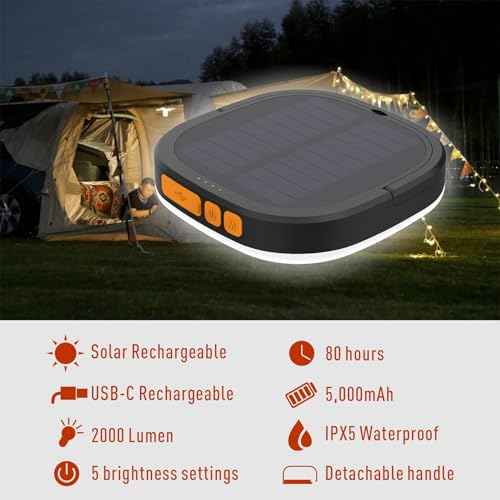 LED Camping Lantern, Solar Lanterns, 5000mAh Rechargeable Light 2000 Lumens 5 Light Modes, IP65 Waterproof with USB Charging ? Lanterns for Power outages Hurricane, Hiking, Fish, Emergency, and Home