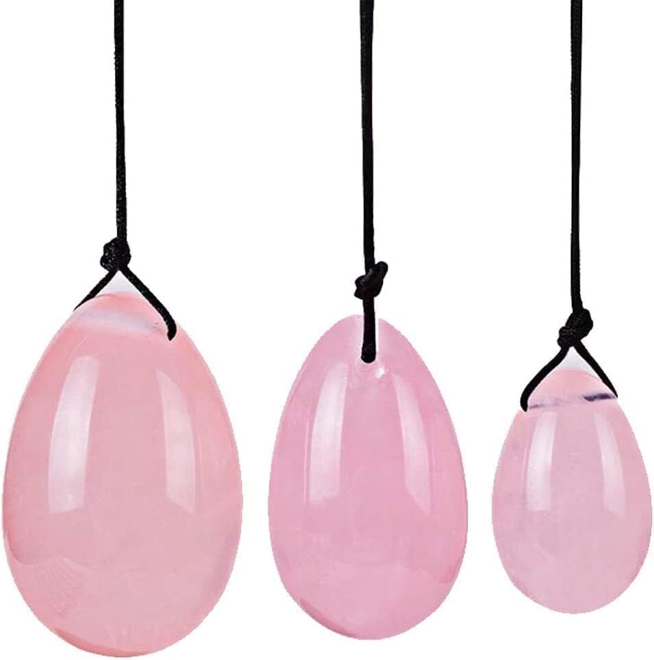 Natural Crystal Quartz 3pcs Set Yo-ni Jade Eggs Massage Stone for Women Body Massage P-C Muscle Training Wellness, Chakra Healing Body Exercise Relax (Rose Quartz)