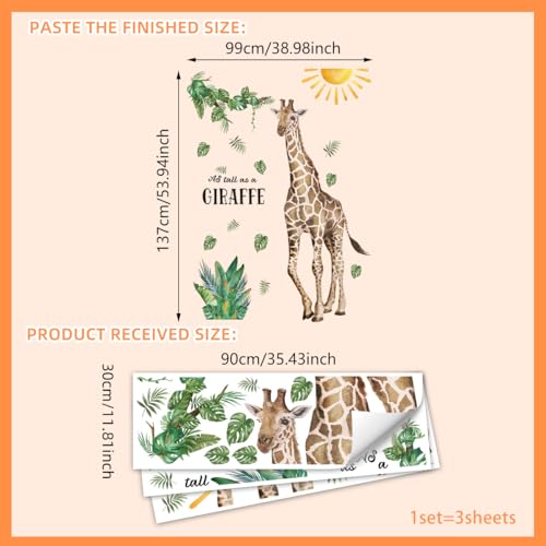 Large Giraffe Wall Decals Boho Sun Tropical Green Leaves As Tall As a Giraffe Wall Stickers for Boys Bedroom Toddler Room Nursery Daycare Classroom Wall Decor
