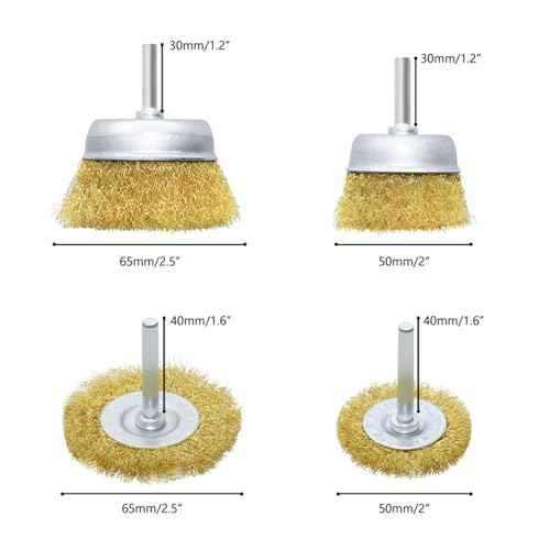 4 Pcs Brass Wire Wheel Brush Set for Drill,Brass Wire Cup Wheel with 1/4 Inch Shank for Rust Removal, Corrosion and Scrub Surfaces