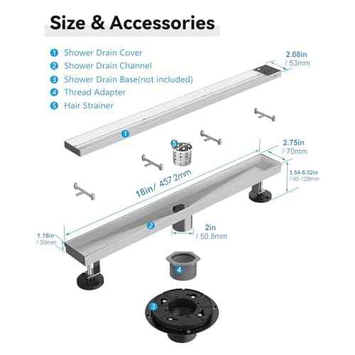 Shower Drain, 2 in 1 Linear Shower Drain 18 Inch(Brushed Nickel), 304 Stainless Steel Shower Floor Drain with Tile Insert Grate,Adjustable Feet,Hair Filter