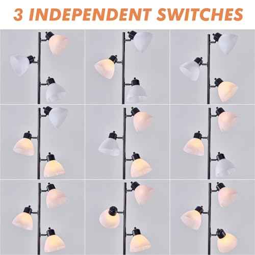 Modern Tree Floor Lamp for Living Room Bedroom, Tall Pole Standing Lamps with 3 Adjustable Rotating Heads for Office, Decor Corner, Reading Indoor, 3 Bright Lights LED Bulbs Included (Black)