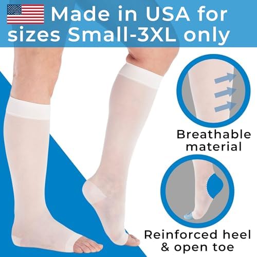 Made in USA - Sheer Compression Stockings for Women 15-20mmHg - Compression Socks with Open Toe for Varicose Veins Circulation, Pregnancy, Embolism - White, X-Large - A111WH4