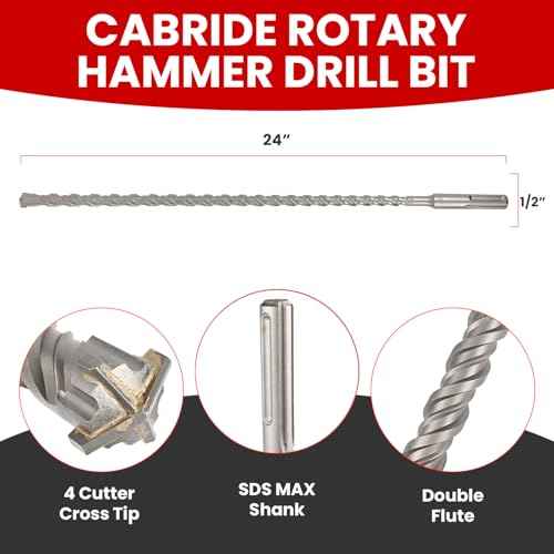 1/2 X 24 in SDS MAX Bits, Rotary Hammer, Carbide, Masonry Drill Bits for Concrete, Stone and Brick, SDS MAX Hammer Double Flute, Concrete Drill Bit