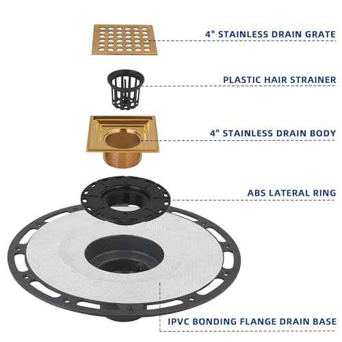Square Shower Drain, 4-Inch Polished Gold Kit with Bonding Flange, Removable Stainless Steel Grate, Drain Key & Hair Strainer, Fits 2" & 3" Pipes for Tiled Floors