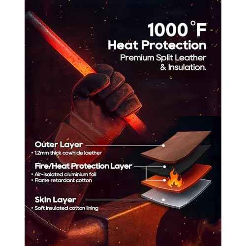 TOPDC Welding Gloves 16Inch 1000¢µHeat/Fire Resistant Reinforced Leather Fireproof Gloves with Kevlar Stitching for Mig, Tig, Stick, Forge, BBQ, Grill, Oven, Fireplace, Furnace, Animal Handling, SMALL