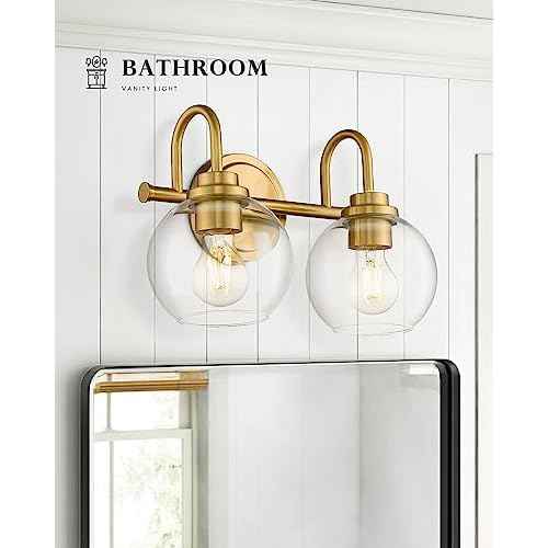 Bathroom Light Fixtures, 2-Light Brushed Gold Vanity Lights with Globe Clear Glass, Champagne Bronze Vanity Lighting Fixtures Over Mirror, AD-22280-2W-GD