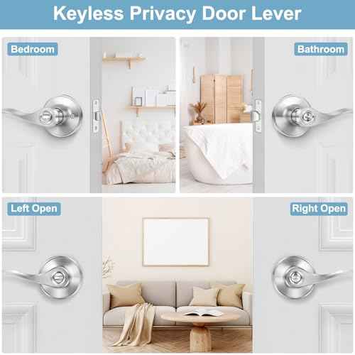5 Pack Privacy Door Levers Brushed Nickel Door Handles, Wave Style Interior Door Knobs, Heavy Duty Reversible Keyless Door Handles for Bedroom Bathroom Doors
