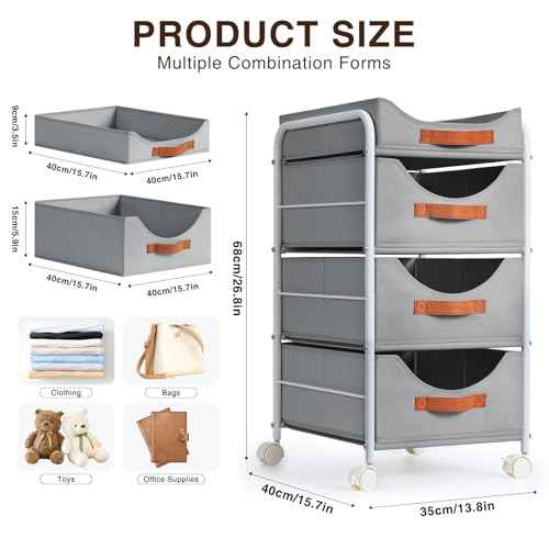 DIMJ Clothes Drawer 4 Tier - Fabric Closet Drawer System Rolling, Portable Closet Drawers for Clothes with Wheels, Small Closet Organizer & Replacement Drawers for Bedrooms, Office, Nursery, Grey