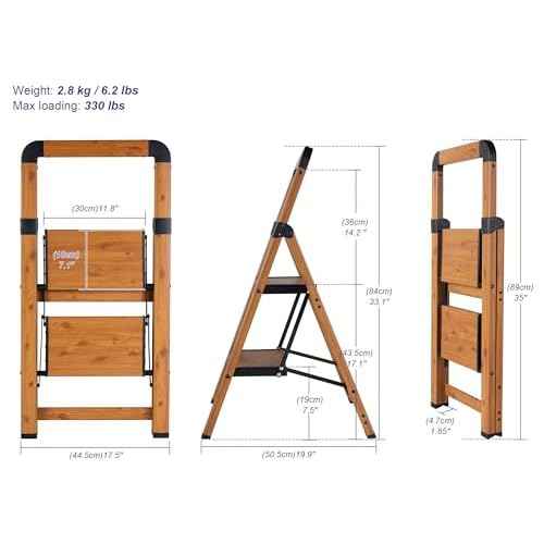Step Ladders Folding 2-Step Woodgrain Finish Aluminum Foldable Step Stool,Anti-Slip Portable Sturdy for Home & Kitchen Office 330 lbs