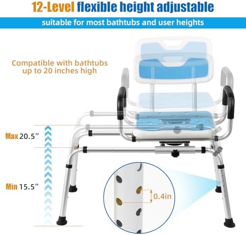 Sliding Shower Chair Tub Transfer Bench with Swivel Seat-Adjustable Height, Padded Armrests & Non-Slip Feet - Shower Chair for Inside Tub, Ideal for Seniors & Disabled