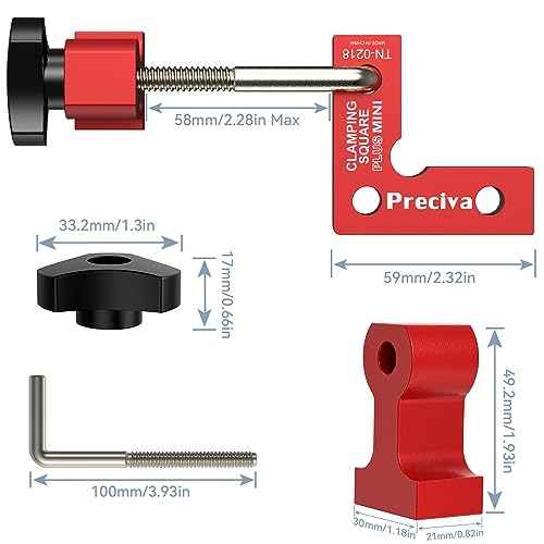 Preciva 90 Degree Mini Positioning Squares 2 Sets (2.32''x 2.32''), Aluminum Alloy Right Angle Clamps Fixing Clamp, Carpenter Corner Clamping Square Tool for Picture Frame Box Cabinets Drawers (Red)