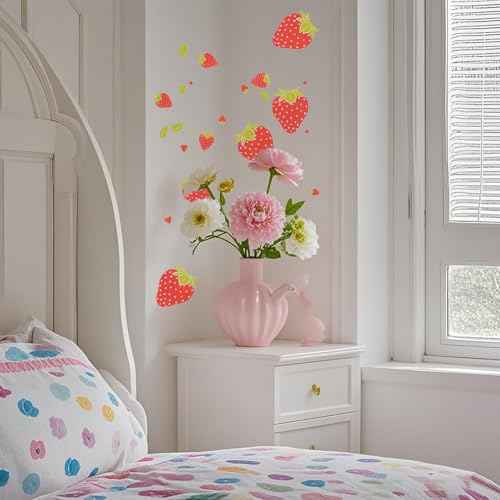 8 Pages 184 Pieces Strawberry Stickers Waterproof Strawberry Wall Stickers Removable Fruit Wall Decals for Girls Bedroom Dorm Dining Room Kitchen Bathroom Waterproof Decor (8, Red)