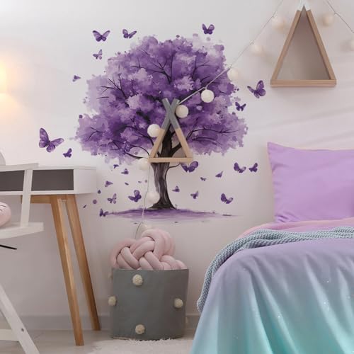 Purple Tree Wall Decals Removable Purple Butterfly Wall Stickers Peel and Stick Vinyl Plant Wall Decor Waterproof for Bedroom Living Room Bathroom Decorations