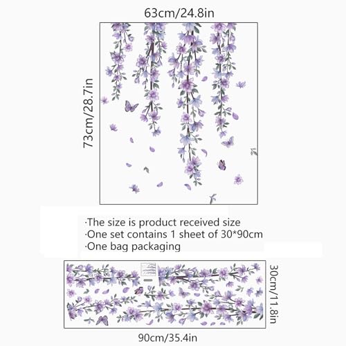 Hanging Purple Flower Wall Stickers Vine Floral Wall Decals for Girls Kids Bedroom Nursery Living Room TV Wall Decor