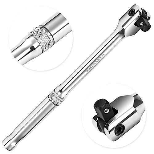 3/8'' Drive Breaker Bar, 10 Inches Long Extension Breaker Bar with 180-Degree Cr-V Flex Head and Engraved Non-slip Handle, Polished Finish, Home Use Socket Wrench