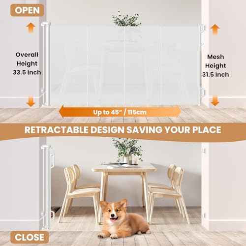 Reinforced Retractable Baby Gate or Mesh Dog Gate,Easy to Use for Stairs, Doorways, Hallways, Indoor, Outdoor, Wide Pet Gate 33.5" Tall, Extends to 45" Wide, White