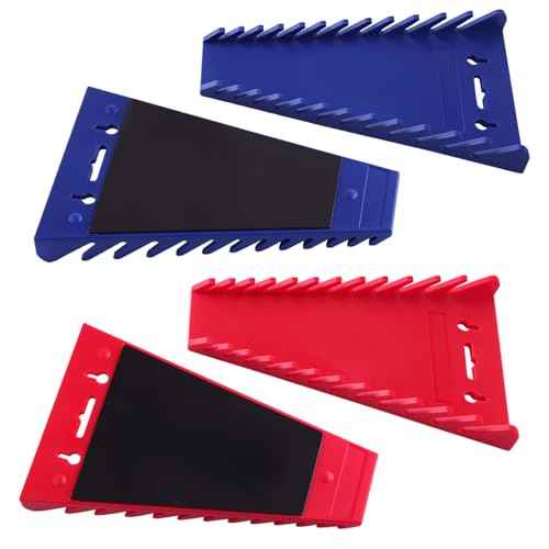 4Pack Magnetic Wrench Organizer for Tool Box, 48 Slots Wrench Rack Tool Trays for SAE(1/4"- 1-1/16") and Metric(6mm-24mm) Wrench Storage, Wrench Holders Combination Wrench Organizer, Red&Blue
