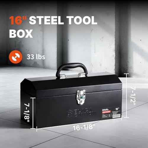 Black Canyon 16 Inch Tool Box, Metal Tool Box, Carbon Steel, Portable&Padlockable, 4 Non-Slip Foot Pads, Ideal for Trailer, Mechanic, DIY-ers, Car Toolbox, Workshops, Garages, Repair Shops