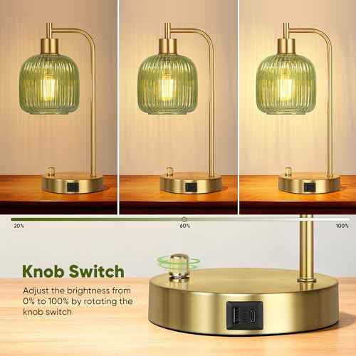 QiMH Industrial Table Lamp for Bedroom Set of 2, Green Glass Beside Lamp with USB A&C Ports, Stepless Dimmable Gold Lamps, Nightstand Lamps for Living Room, Office, Home Decor(Bulb Included)