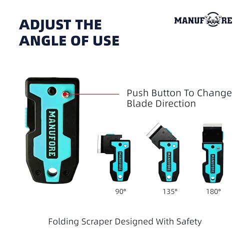 MANUFORE Folding Cleaning Scraper Blue Portable Multi-Purpose Razor Blade Scraper for Cleaning Glass, Stove-top, Window, Floor(2 Scrapers, 10 Stainless Steel Blades)