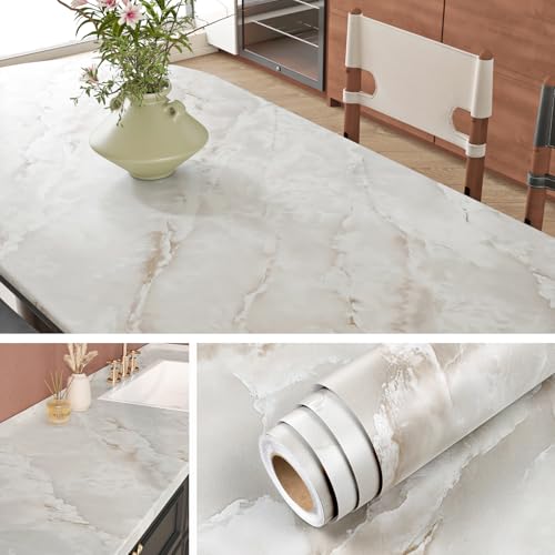 Livelynine Tan Marble Contact Paper for Countertops Off White Counter Top Peel and Stick Waterproof Desk Cover Kitchen Table Vinyl Wrap Removable Cream Onyx Quartz Marble Wallpaper Bathroom 15.8x78.8