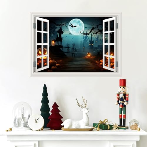 Fake Window Wall Decals Halloween Pumpkin Castle Bat Night View Terror Mural Faux Window Sticker Poster Open Wall Art Picture£¬ for Room Office Decor Stick and Peel Natural Scenery Scene 16¡°x24¡±