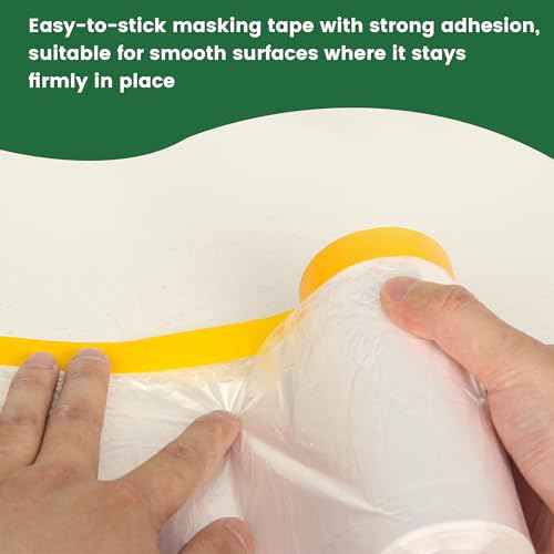 Voomey Pre-Taped Masking Film, Painters Tape with Plastic Attached, Automotive Painters Tape and Drape for Appliances, Furniture, Wood Surfaces & DIY Projects - 3ft x 82ft
