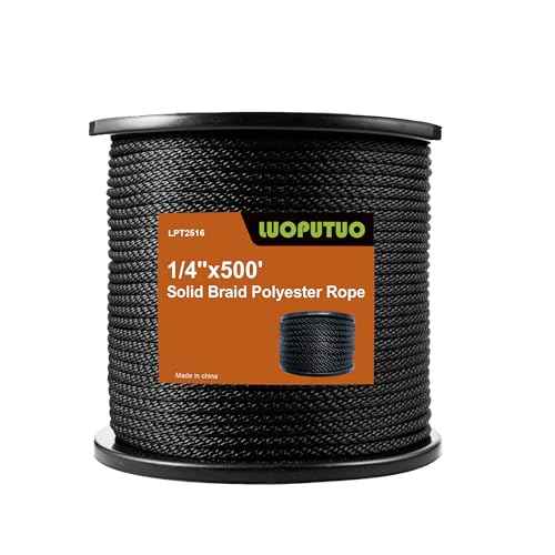 1/4 Inch 500FT Black Polyester Solid Braid Rope | High UV & Abrasion Resistance | Industrial Grade, Low Stretch | Multipurpose for Flag Poles, Clotheslines