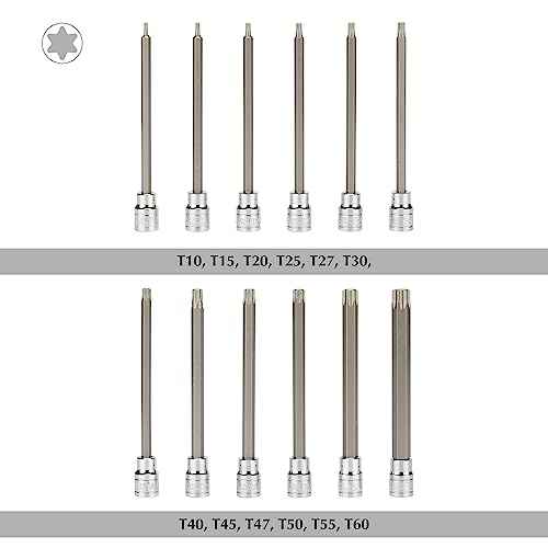 EMENTOL 12PCS 3/8" Drive Extra Long Torx Bit Socket Set, CR-V, S2 Steel, 5.9" Length Star Bit Socket Set, T10 - T60