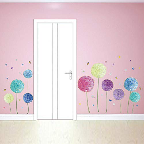 Runtoo Flower Wall Decals Colorful Dandelion Allium Wall Stickers Baseboard Butterfly Living Room Bedroom Wall Decor