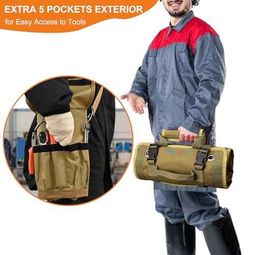Tool Roll Up Bag, ZMyHeart Tool Organizer Bag,Tools Storage Box,11 Pouches,Grease Resistance,Tools Carrier Bag for Electrician,Mechanic,Plumber,Carpenter,Craftsman,Hobbyist,Gift for Men (Khaki)