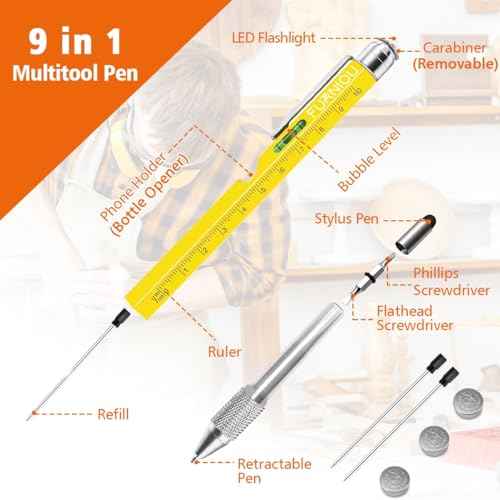 Stocking Stuffers Gifts for Men Women, Birthday Gift from Daughter Son Wife, 9 In 1 Multi-Tool Pen Set Christmas Gifts for Dad Grandpa Husband Boyfriend, Cool Unique Tools Gadgets for Men, Yellow