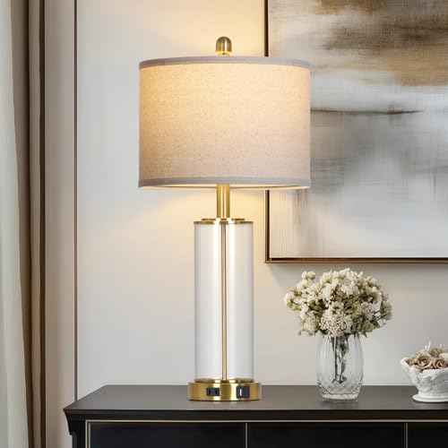 26" Gold Glass Table Lamp for Living Room Single, 3-Way Dimmable Touch Control Bedroom Lamps with USB C+A Ports & AC Outlet, Modern Bedside Lamp for Nightstand Side End Table (Bulb Included)